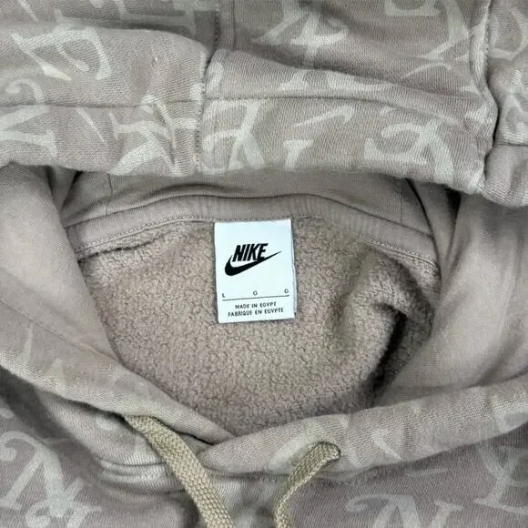 Vintage Y2K Nike Hoodie Mens L Light Brown All Over Print Swoosh Cotton Pullover - Picture 4 of 4